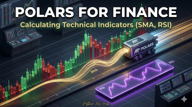 3D isometric illustration of a Polars engine analyzing a candlestick stock chart and projecting glowing lines for Simple Moving Average and an RSI oscillatorin Polars Finance Indicators.