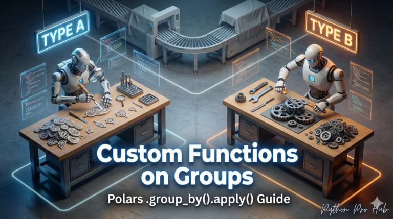 3D visualization of robots using hand tools at separate workbenches, representing Polars group_by apply with custom functions.