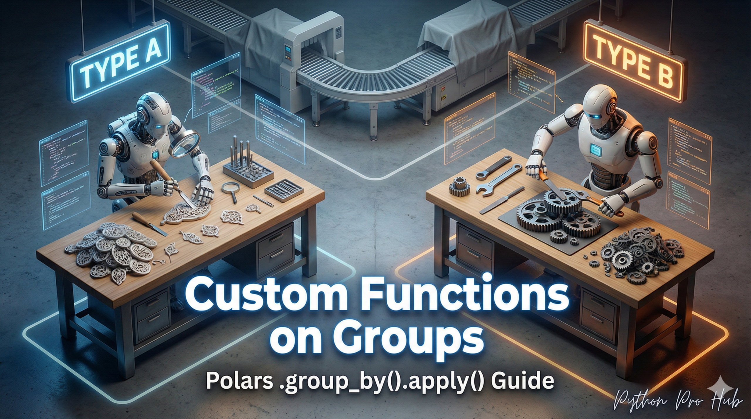 3D visualization of robots using hand tools at separate workbenches, representing Polars group_by apply with custom functions.