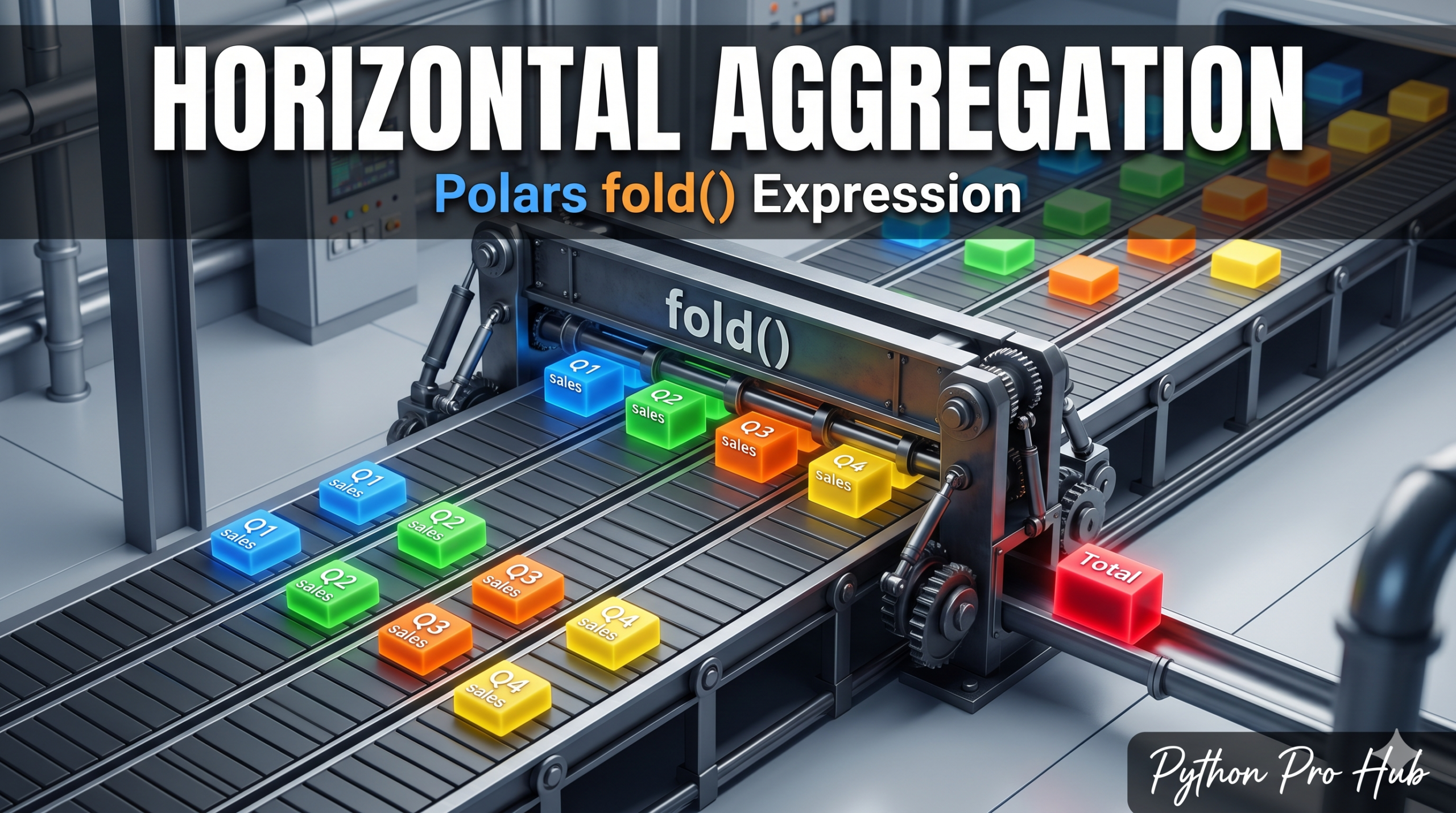 3D isometric illustration of a robotic folding machine sweeping horizontally across a multi-lane conveyor belt to combine wide data blocks into a single summary block.