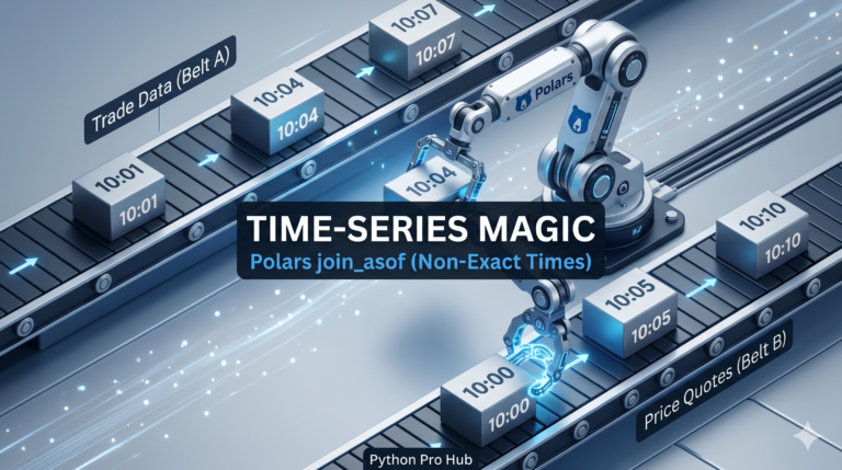 3D isometric illustration of a robotic Polars engine linking data blocks from two mismatched conveyor belts by smartly grabbing the closest previous timestamp, representing an as-of join.