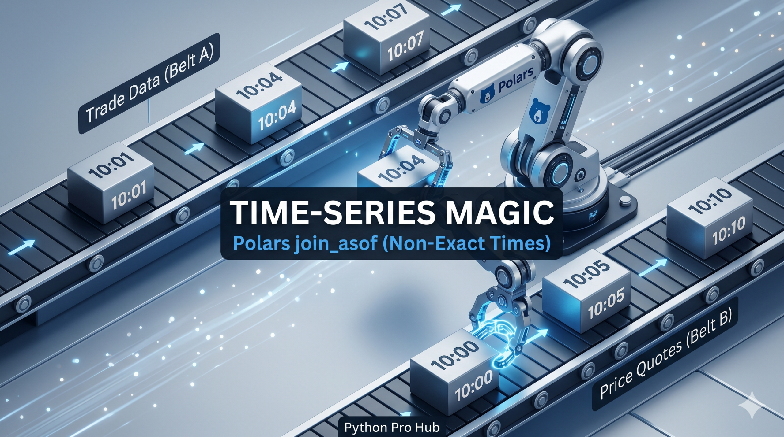 3D isometric illustration of a robotic Polars engine linking data blocks from two mismatched conveyor belts by smartly grabbing the closest previous timestamp, representing an as-of join.