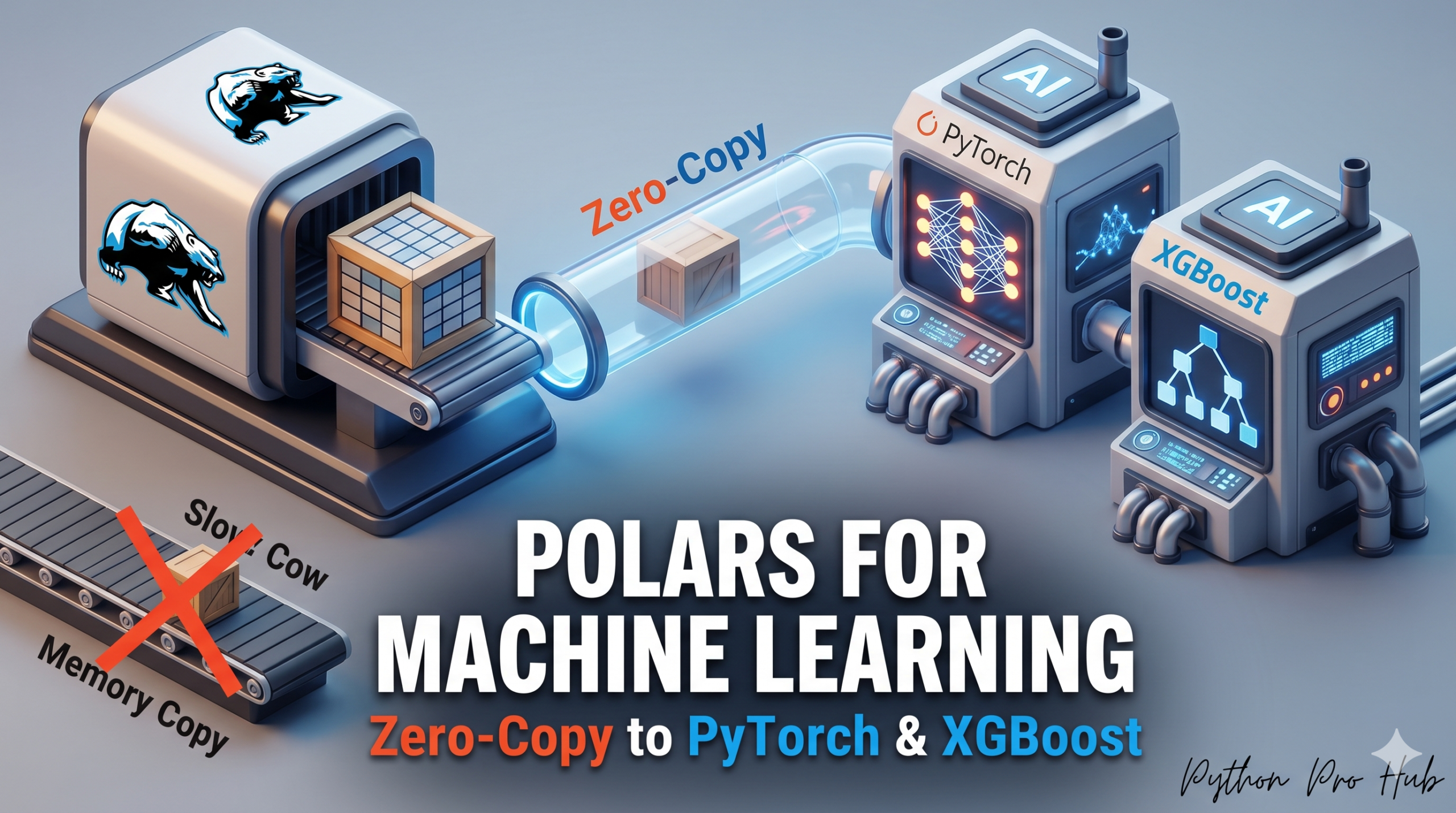3D isometric illustration of a frictionless zero-copy bridge transferring data directly from a Polars engine to PyTorch and XGBoost processors without memory duplication.