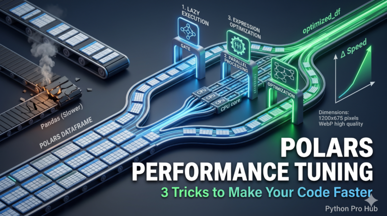 3D isometric illustration of a data highway where a Polars DataFrame is accelerated by three optimization boosters labeled 'Lazy Execution', 'Parallel Processing', and 'Expression Optimization', showcasing speed tricks.
