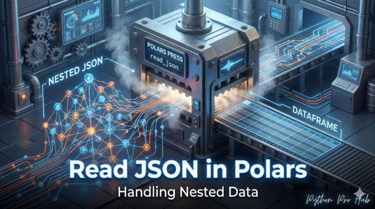 3D visualization of a tree-like JSON structure being pressed into a flat table by a Polars machine, representing read_json.