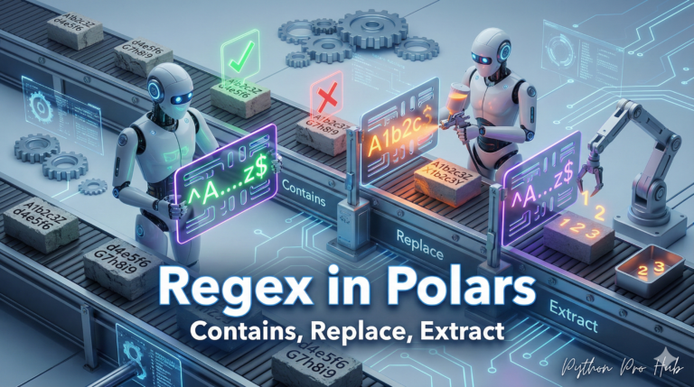 3D visualization of a robot using a neon stencil to filter, paint, and extract items from text blocks, representing Regex in Polars.