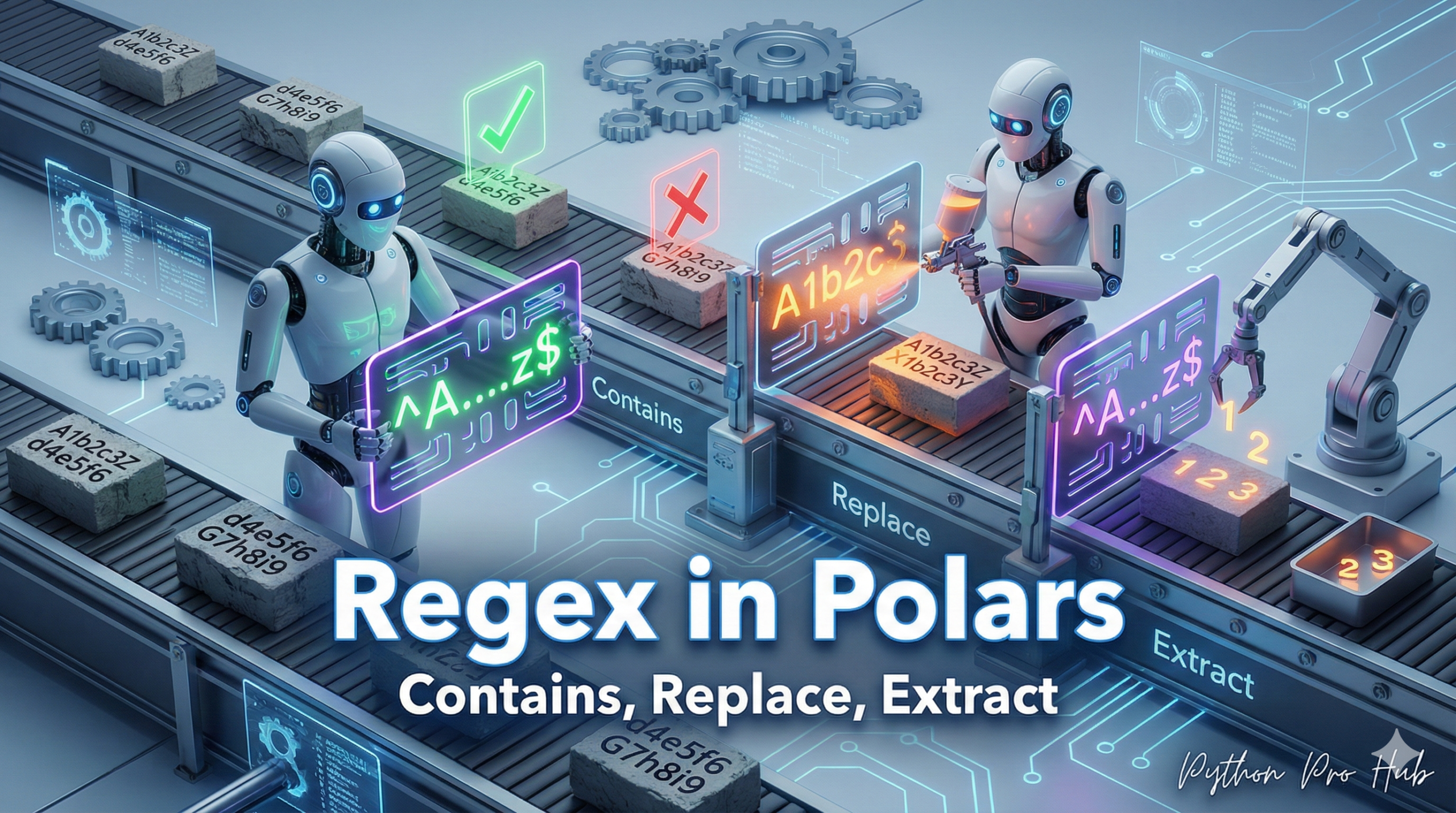3D visualization of a robot using a neon stencil to filter, paint, and extract items from text blocks, representing Regex in Polars.