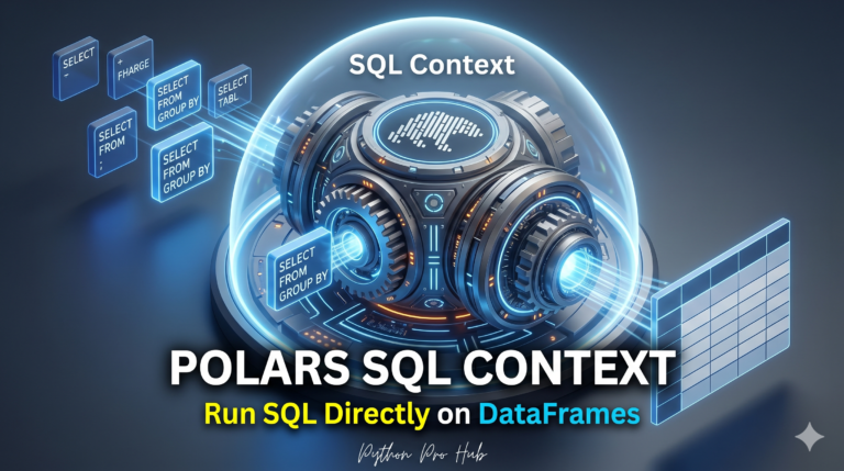 3D isometric illustration of classic SQL query blocks passing through a glowing SQL Context dome to seamlessly run on a high-speed Polars data engine.