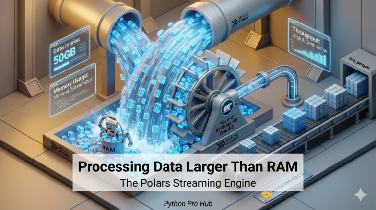 3D visualization of a massive data waterfall being processed continuously by a high-tech waterwheel into neat parquet cubes, representing the Polars streaming engine.