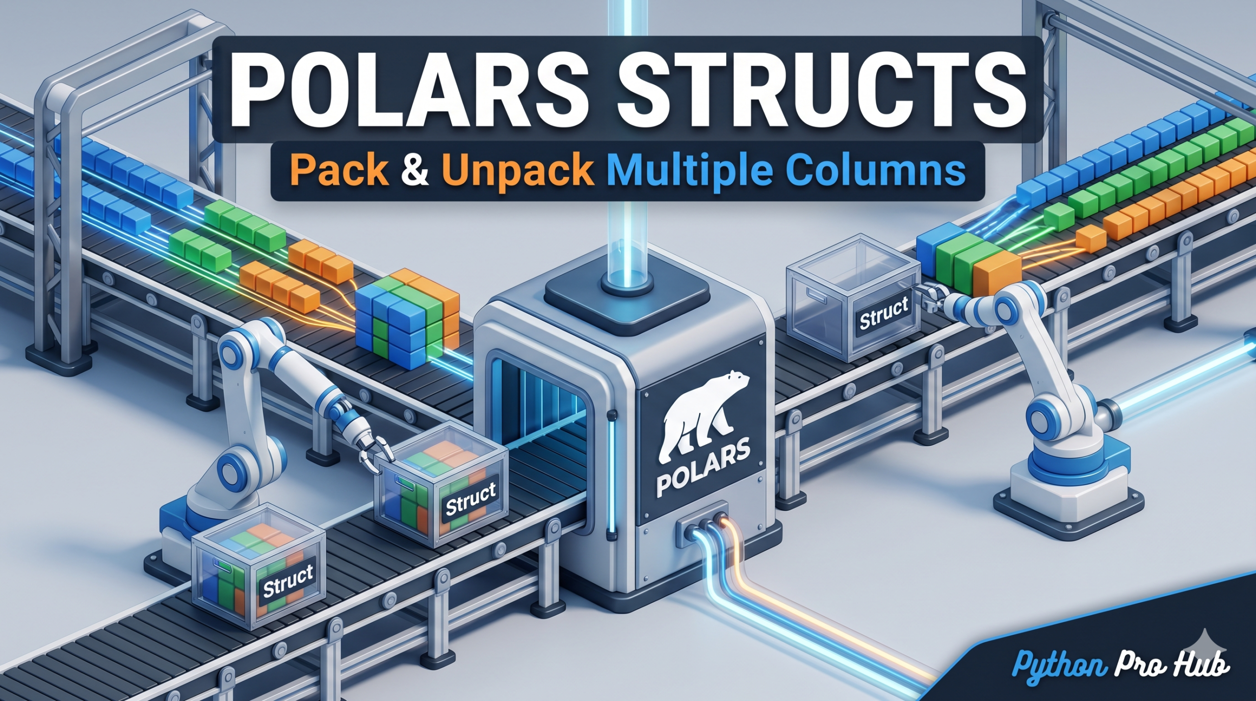 3D isometric illustration of a robotic assembly line packing three separate colored data columns into a single Struct crate, and unpacking a crate back into columns.