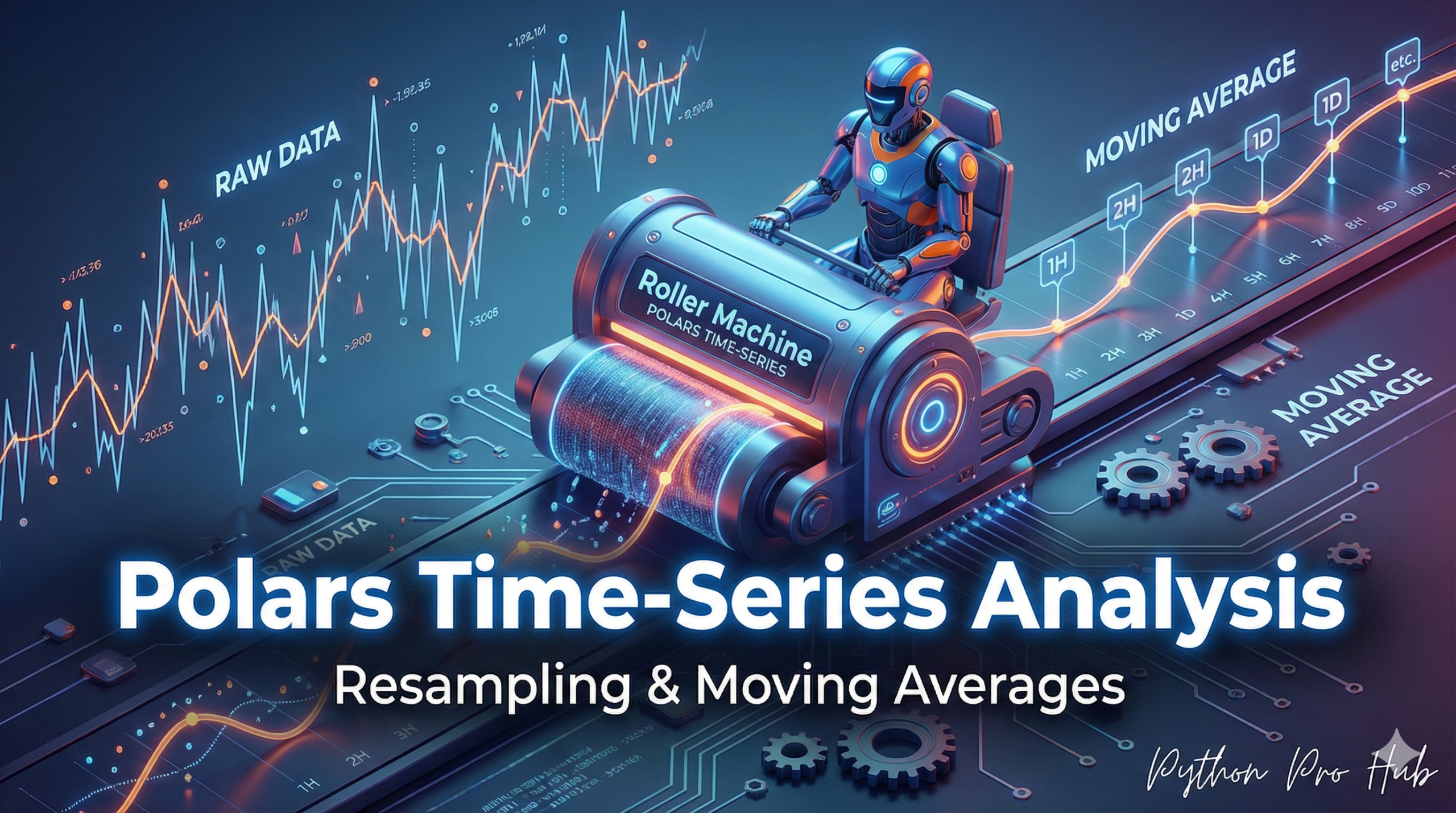 3D visualization of a robot using a roller machine to smooth a jagged data line, representing Polars Time-Series Analysis resampling and moving averages.