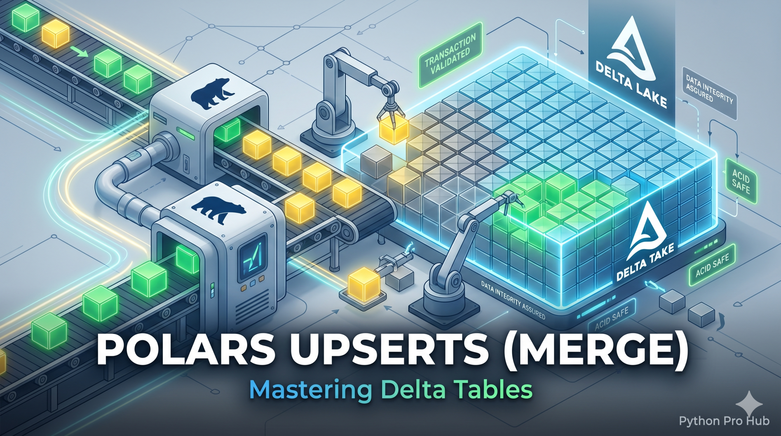 3D isometric illustration of a Polars data engine sorting incoming data blocks to either update existing records or insert new ones into a structured Delta Lake table.