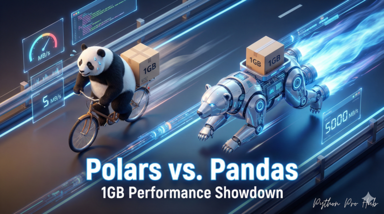 3D visualization of a robotic polar bear racing past a panda on a bike, representing the performance difference between Polars and Pandas.