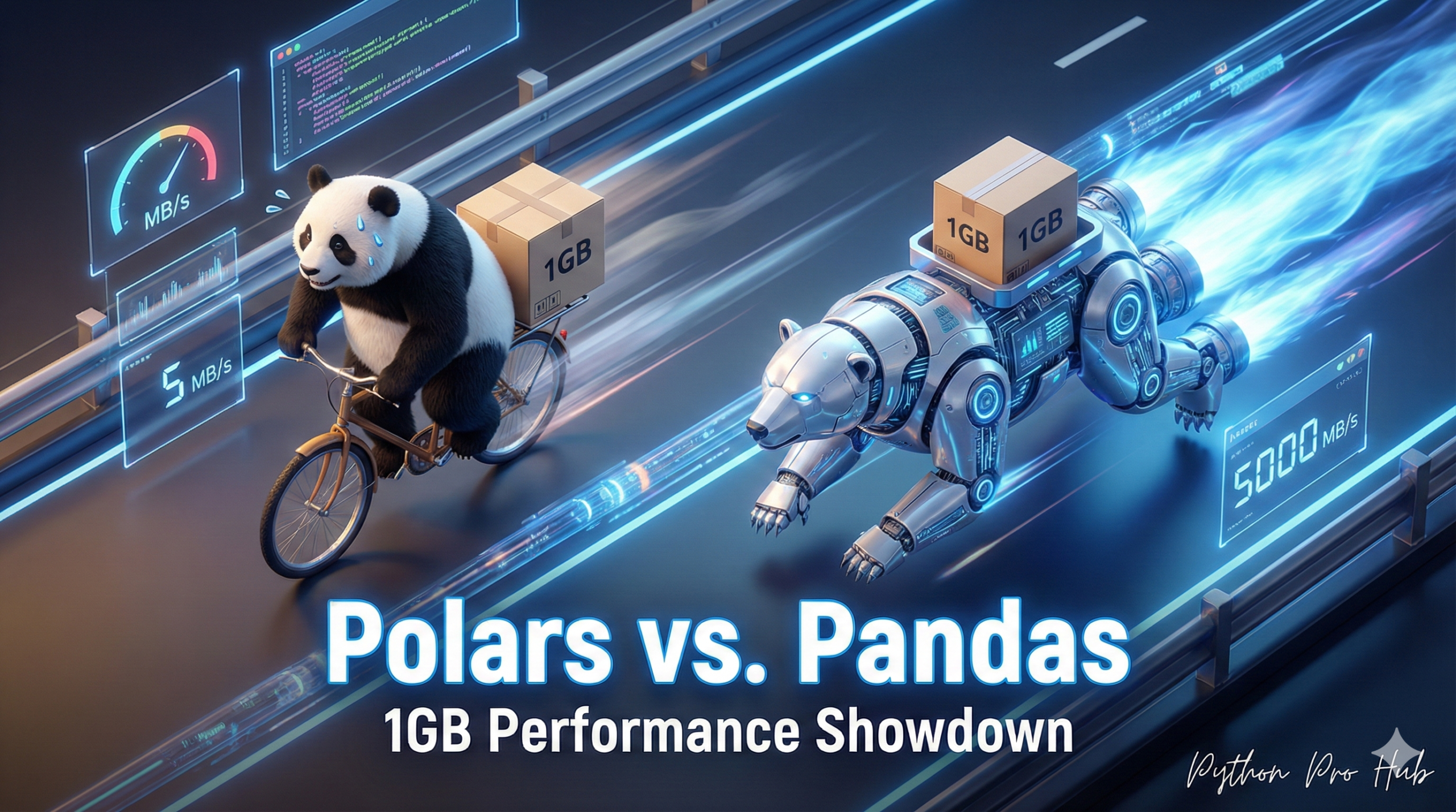 3D visualization of a robotic polar bear racing past a panda on a bike, representing the performance difference between Polars and Pandas.