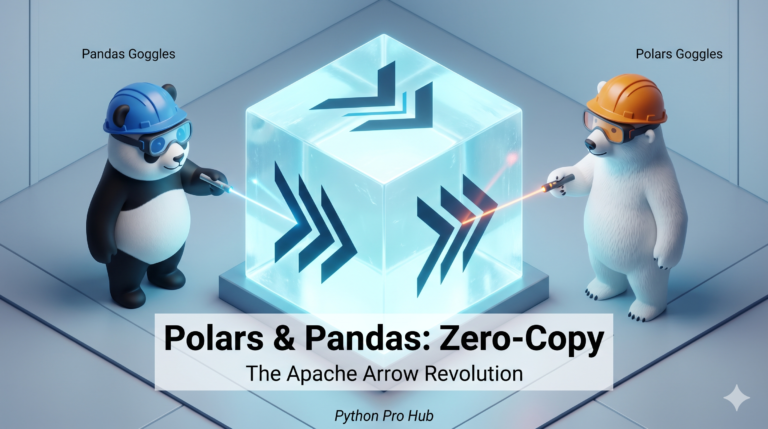 3D visualization of a Panda and a Polar Bear analyzing the exact same Apache Arrow data crystal without moving it, representing zero-copy conversion.