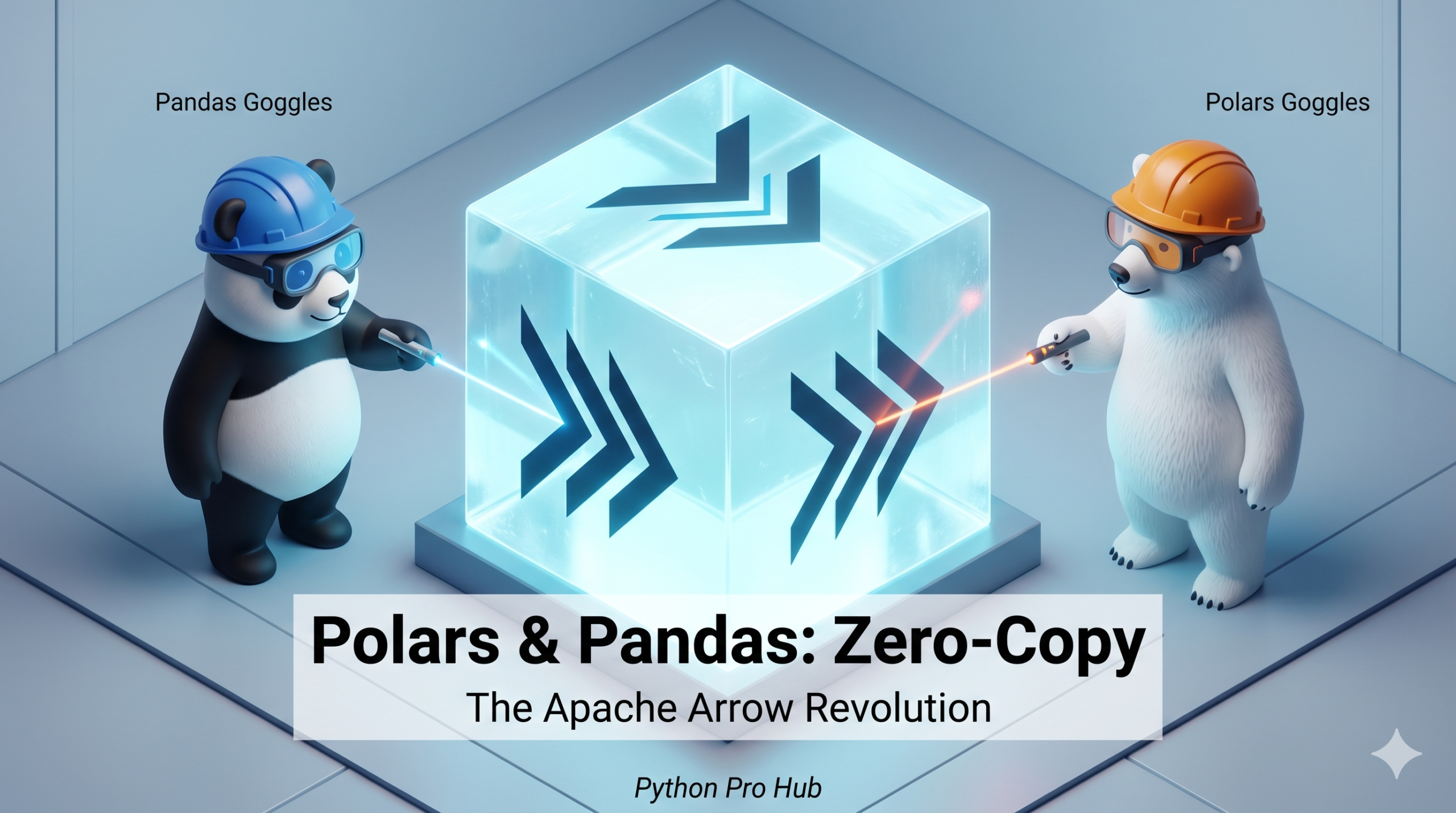 3D visualization of a Panda and a Polar Bear analyzing the exact same Apache Arrow data crystal without moving it, representing zero-copy conversion.