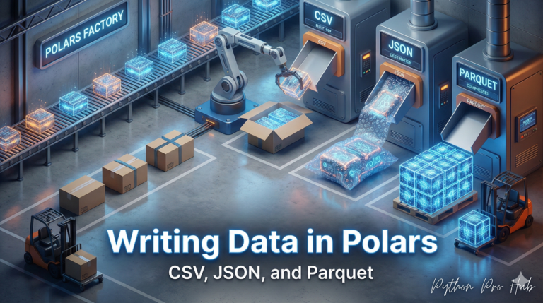3D visualization of a factory sorting data into CSV boxes, JSON wraps, and Parquet cubes, representing Polars data writing methods.