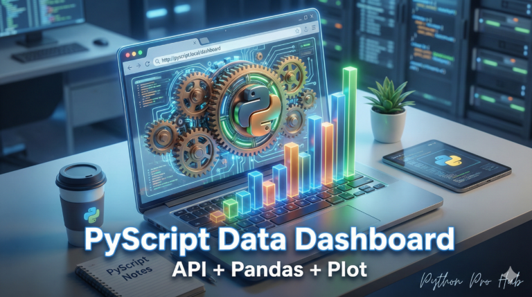 3D isometric illustration of Python gears and charts running directly inside a web browser window, representing a PyScript dashboard.