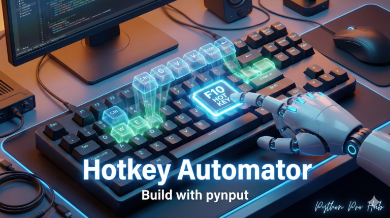 3D visualization of a single key press triggering a ghostly sequence of automated keystrokes, representing Python pynput hotkey automation.