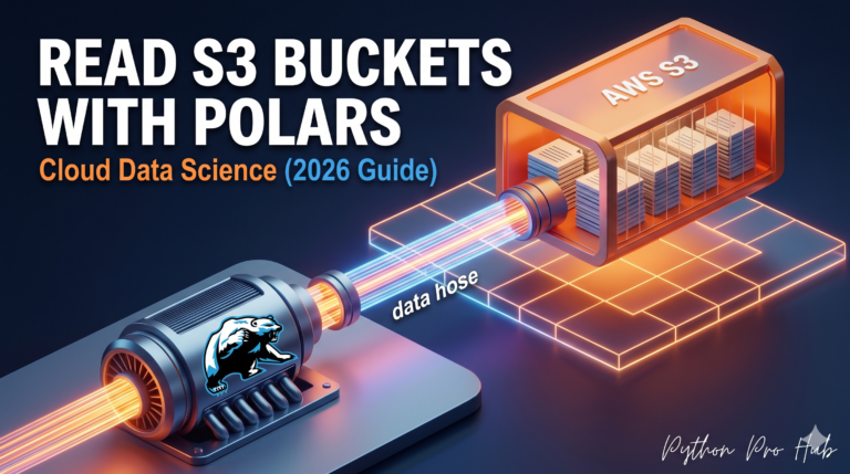 3D isometric illustration of a high-speed data pipeline streaming directly from an orange AWS S3 cloud storage bucket into a fast Polars data engine.