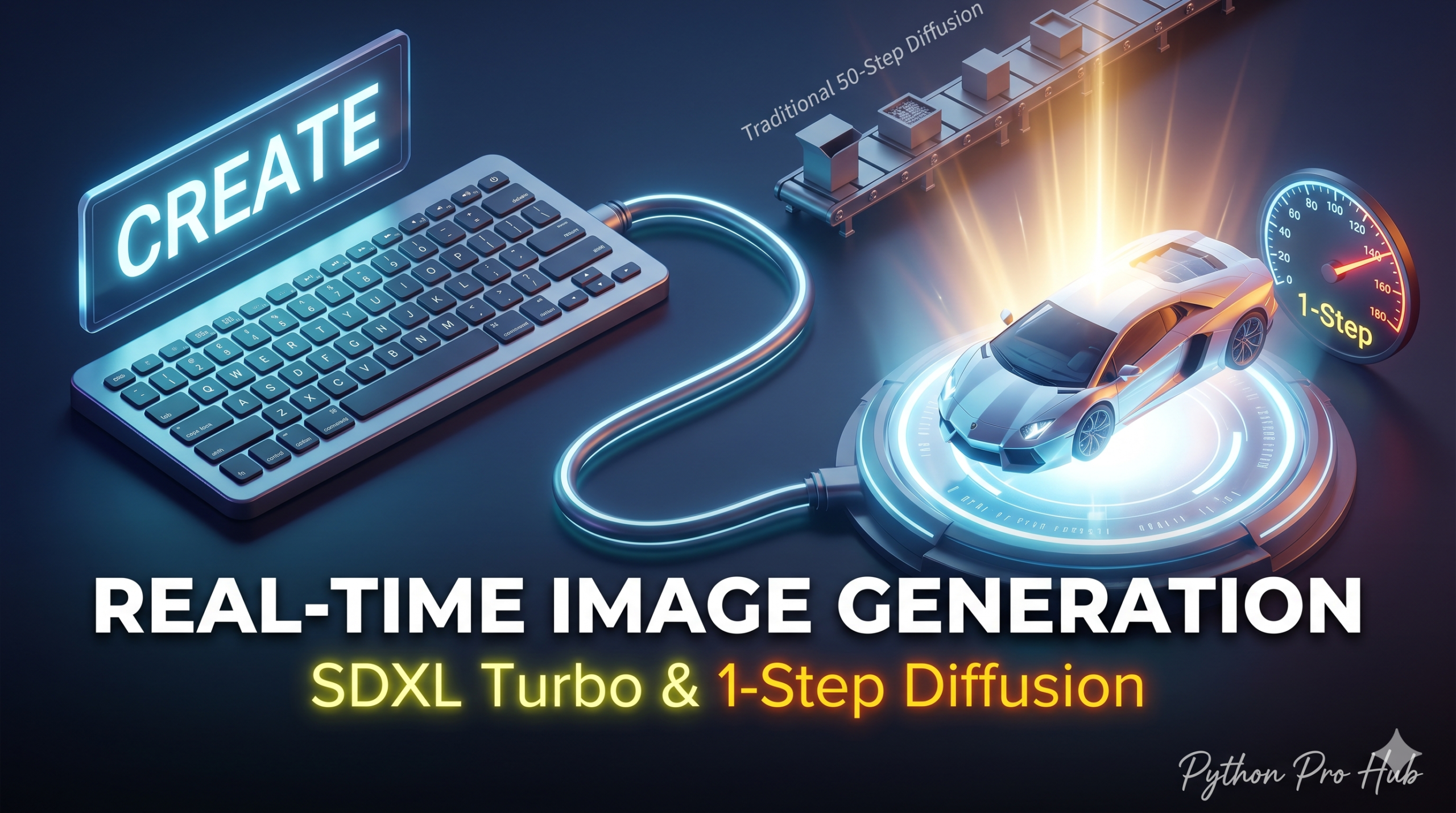 3D isometric illustration of a keyboard instantly spawning a fully rendered 3D sports car onto a holographic pad in one single step, representing SDXL Turbo real-time generation.