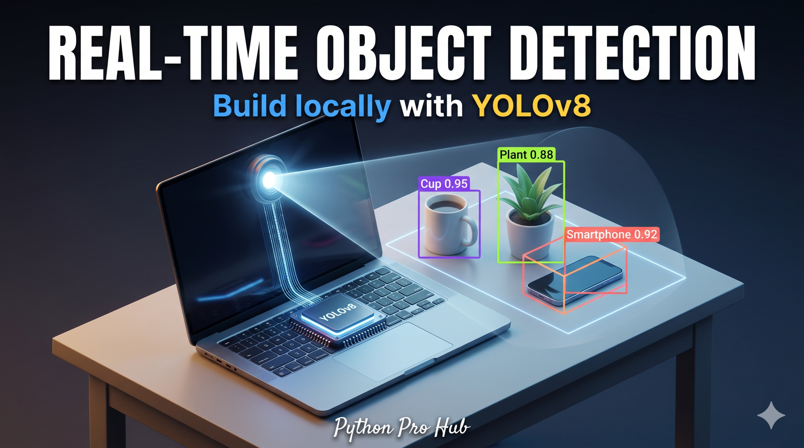 3D isometric illustration of a laptop camera projecting a scan cone that draws digital bounding boxes with labels around real physical objects like a cup and plant, representing YOLOv8 object detection.
