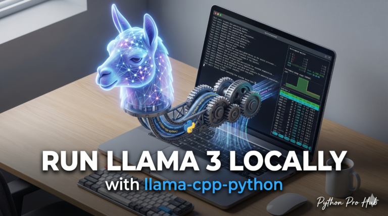 3D isometric illustration of a large Llama neural network hologram being funneled into a standard laptop through a C++ and Python bridge, symbolizing local AI inference.