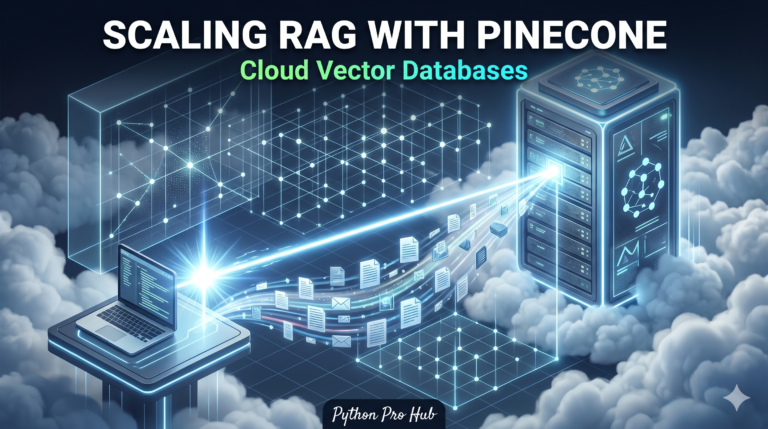 3D isometric illustration of a cloud server storing 3D vector grids and instantly retrieving matching data points for an AI application, symbolizing Pinecone RAG scaling.