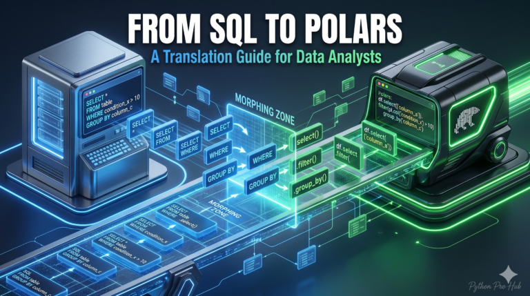 3D isometric illustration of a translation bridge converting classic SQL syntax blocks like SELECT and WHERE into modern Polars DataFrame syntax like select() and filter().
