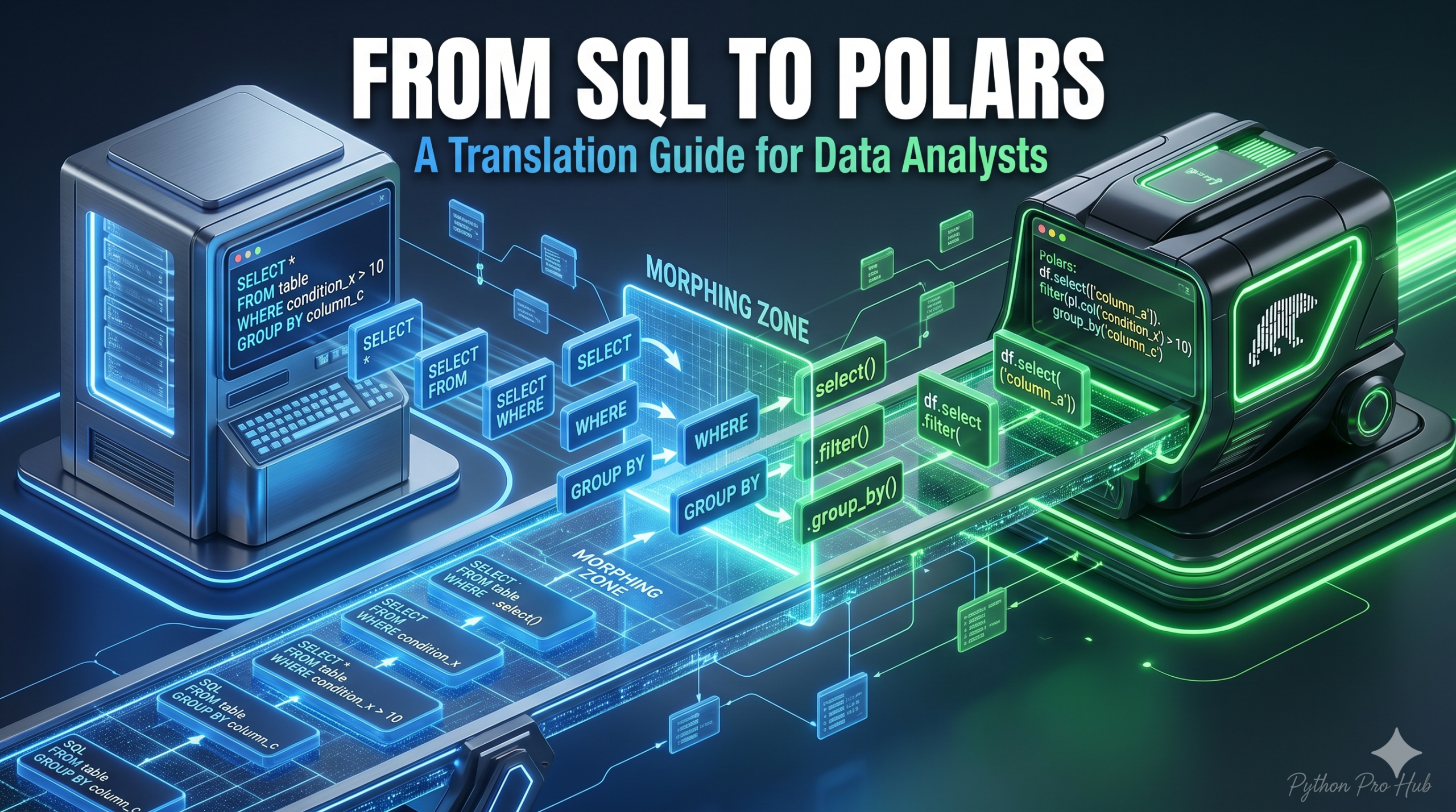3D isometric illustration of a translation bridge converting classic SQL syntax blocks like SELECT and WHERE into modern Polars DataFrame syntax like select() and filter().