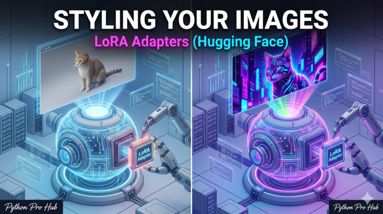 3D isometric illustration of a robotic arm plugging a LoRA adapter cartridge into a base AI model, instantly changing a realistic hologram projection into a stylized cyberpunk artwork.