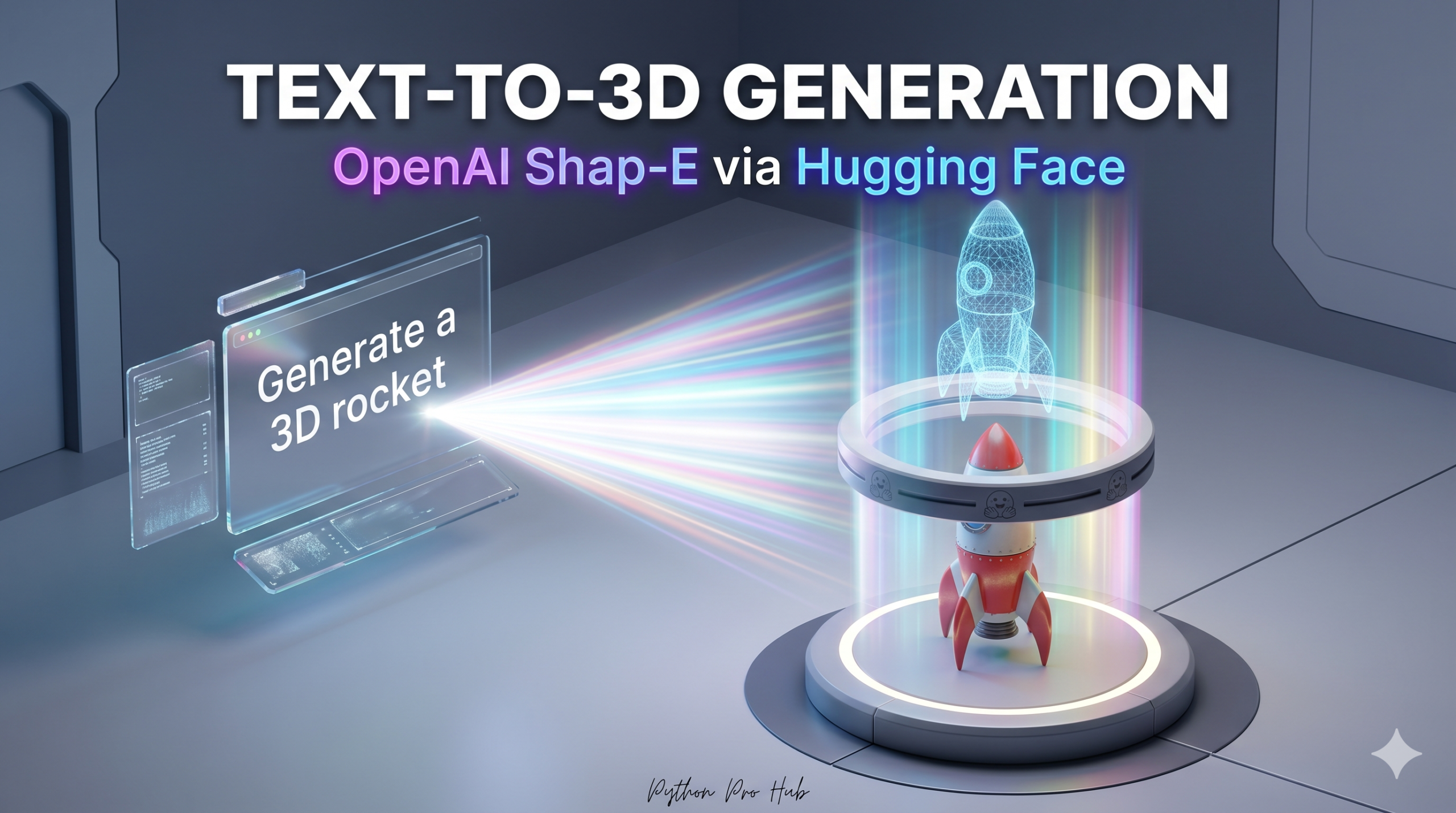 3D isometric illustration of a holographic text prompt shooting a beam of light onto a pedestal, materializing a wireframe into a solid 3D rocket using the Shap-E AI model.