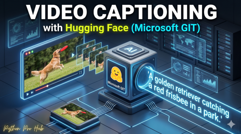3D isometric illustration of a video player connected to a Microsoft GIT AI module that is generating a descriptive text caption of a dog catching a frisbee.