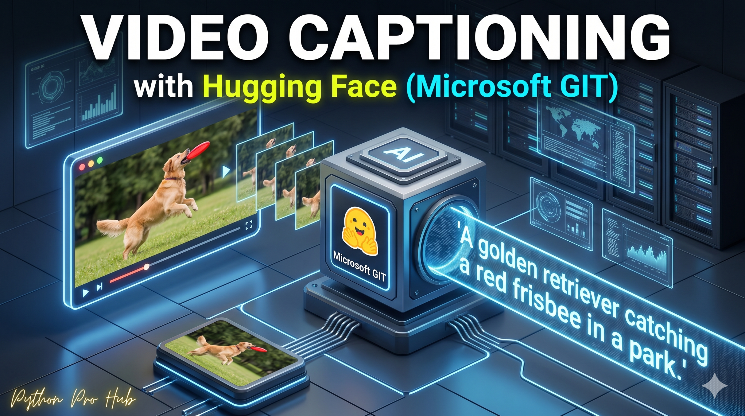 3D isometric illustration of a video player connected to a Microsoft GIT AI module that is generating a descriptive text caption of a dog catching a frisbee.