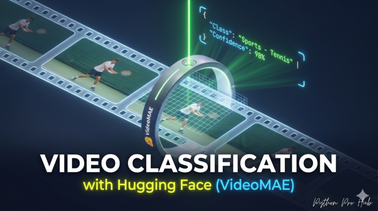 3D isometric illustration of a film strip passing through a Hugging Face VideoMAE scanner ring, which projects a holographic grid to classify the video's action as 'Sports'.
