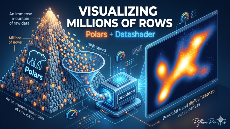 3D isometric illustration of a massive mountain of Polars data blocks being funneled into a Datashader engine, which instantly renders them into a glowing density heatmap canvas.