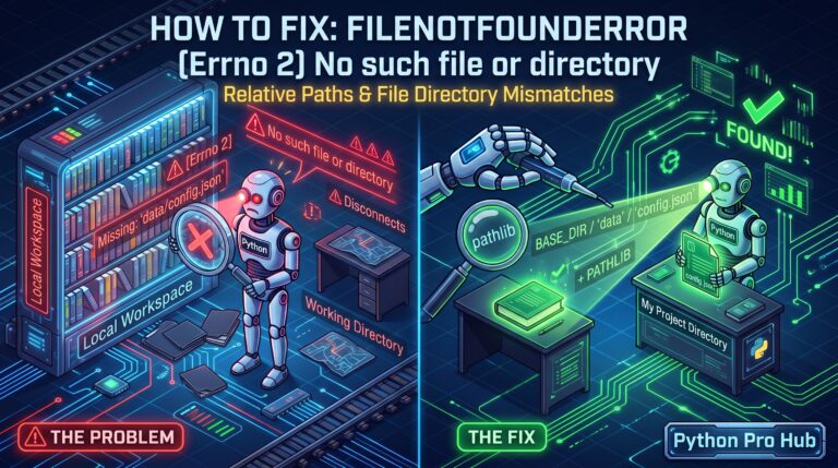 3D isometric cyber-tech graphic comparing the FileNotFoundError [Errno 2] "The Problem" with "The Fix" using pathlib in Python.