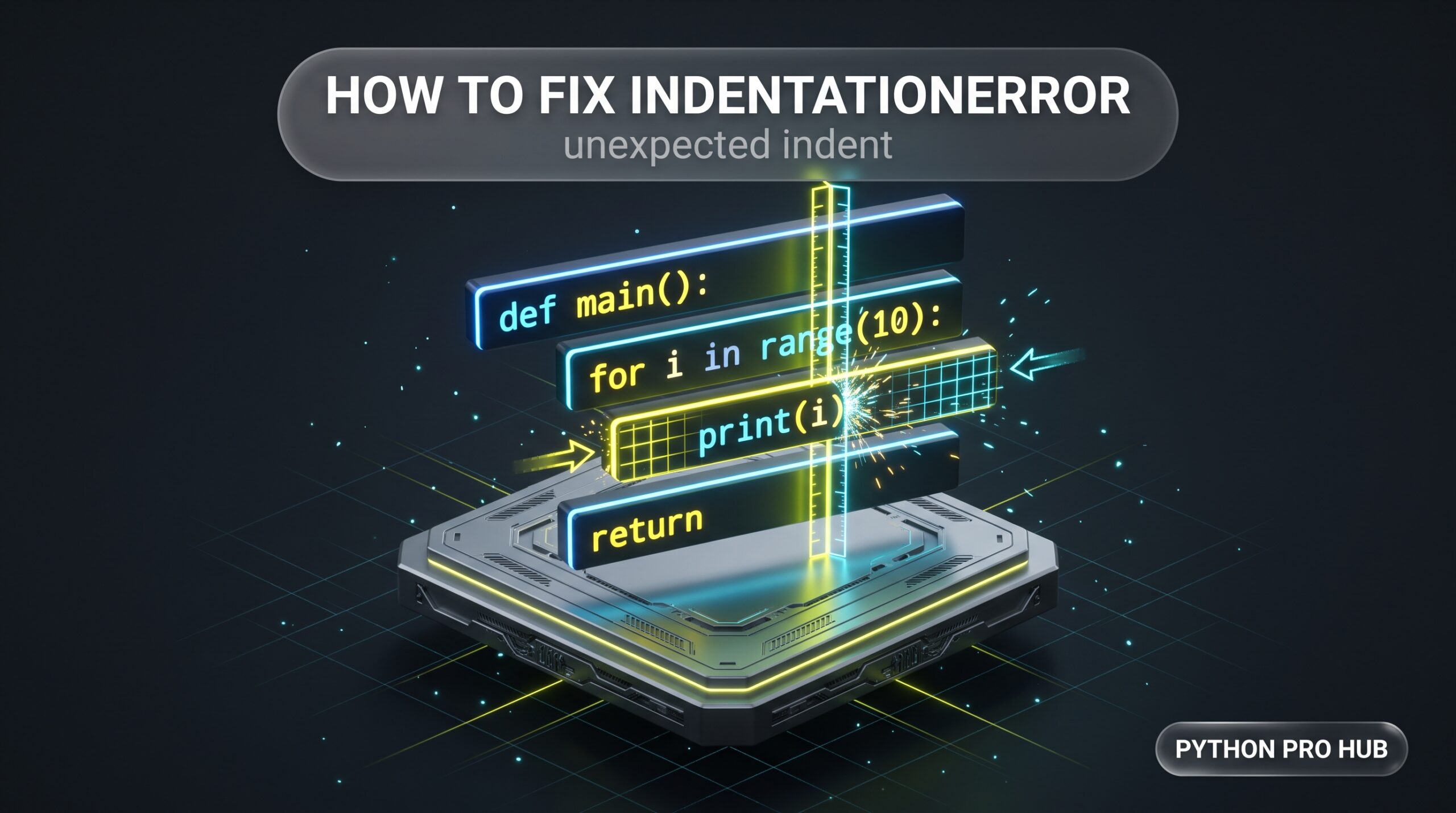 3D isometric tech render of a glowing alignment grid shifting misaligned code blocks into perfect spacing to fix an IndentationError.