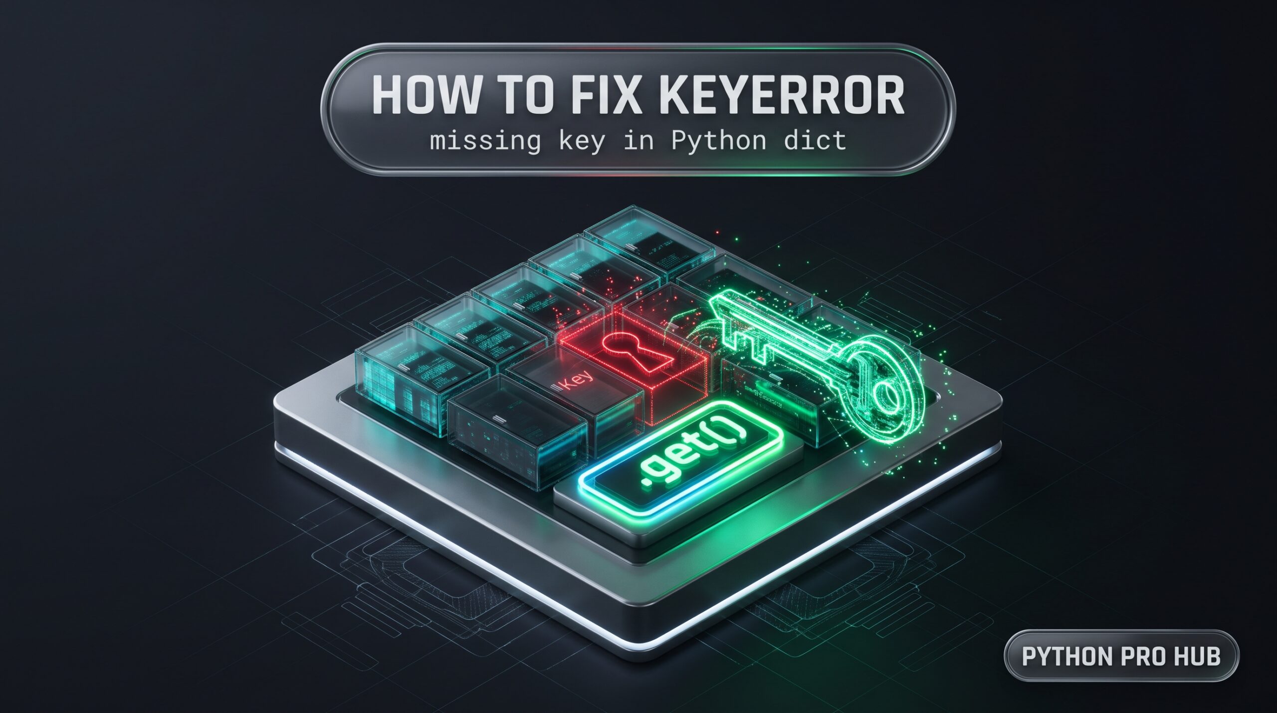 3D isometric tech render of a glowing neon digital key unlock a missing holographic vault slot, demonstrating a Python KeyError.