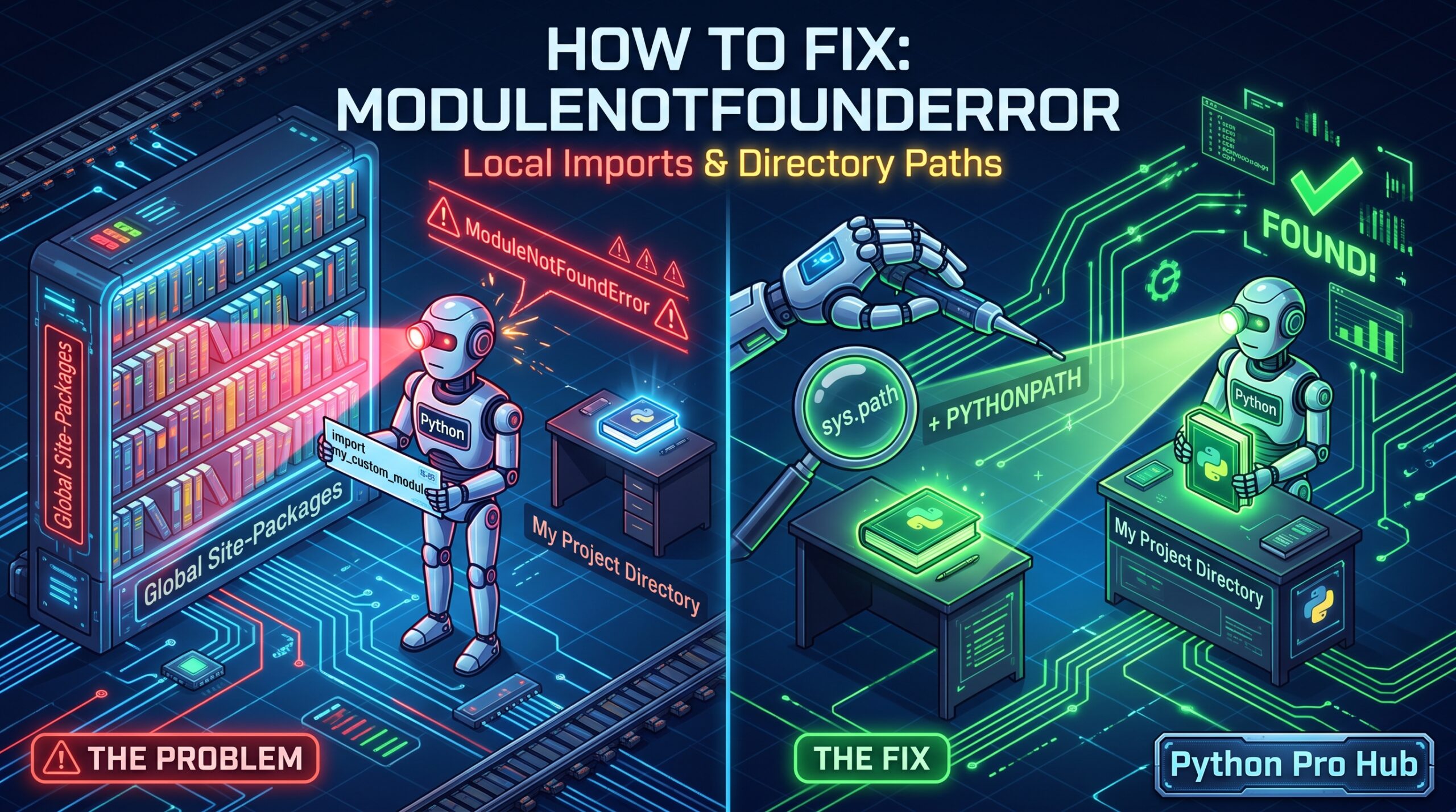 Terminal showing a Python ModuleNotFoundError traceback and the pip install command used to fix it.