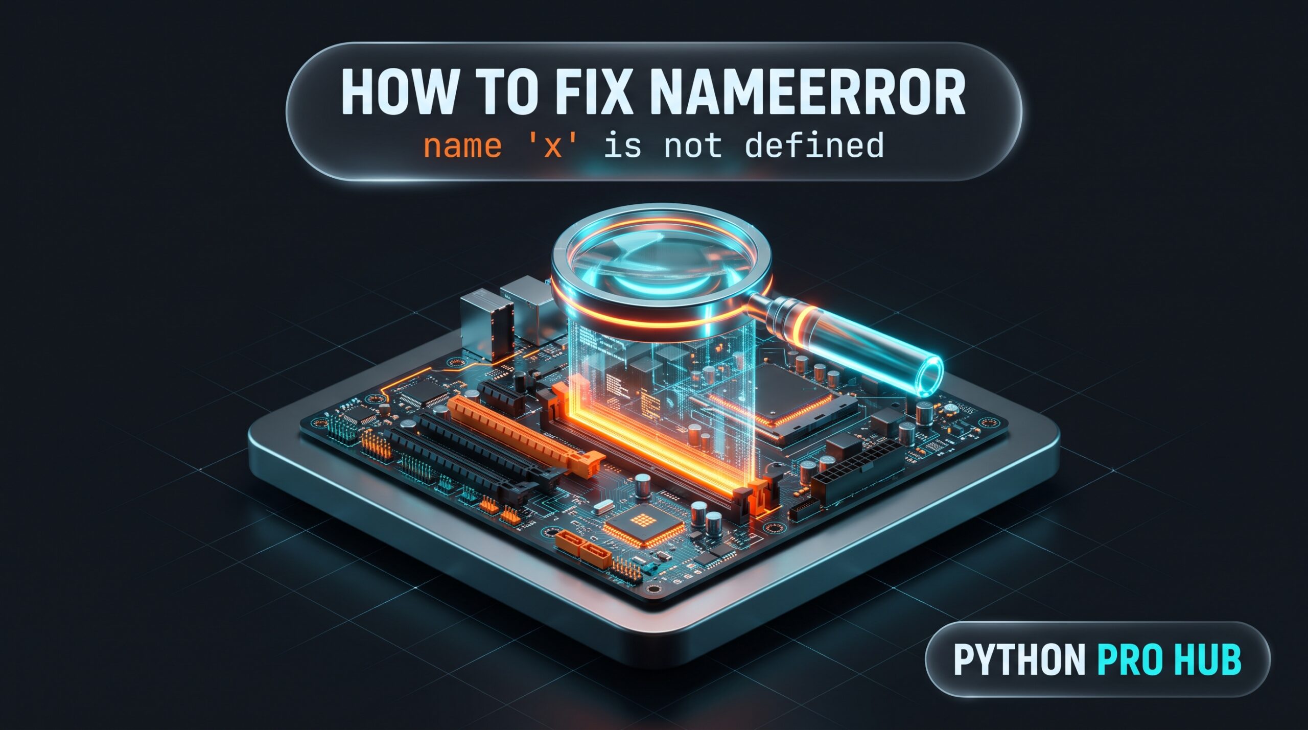 3D isometric tech render of a glowing magnifying glass searching empty memory slots on a motherboard to fix a NameError.