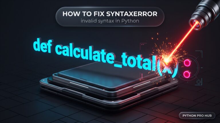 3D isometric tech render of a glowing precision laser welding a missing colon into a line of code to fix a SyntaxError.