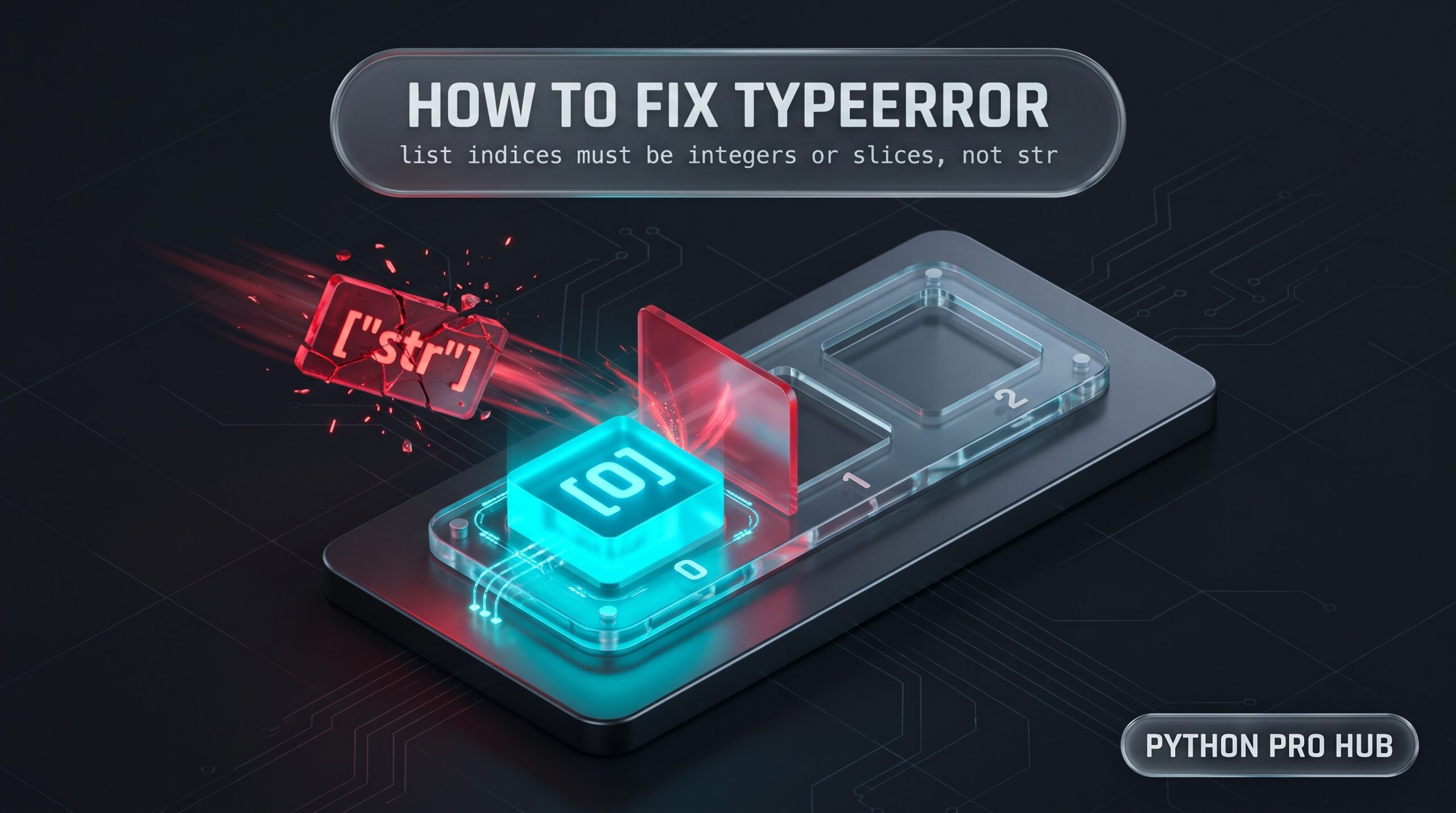 3D isometric tech render of a glowing integer index badge replacing a rejected string key tag on a numbered array track to fix a Python TypeError.