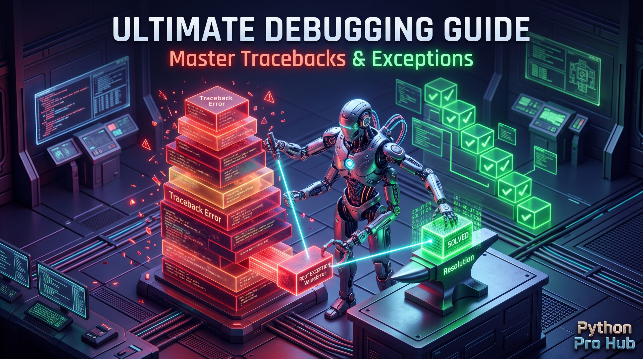 3D isometric illustration of a master robotic technician in a command center, dissecting a towering holographic Python traceback stack and isolating the root error on a repair anvil.